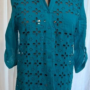 August Silk Turquoise Eyelet Blouse